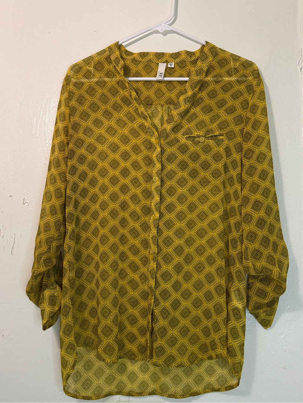 KUT from the Kloth Yellow Geometric Print High-Low Button Down Blouse - Size M